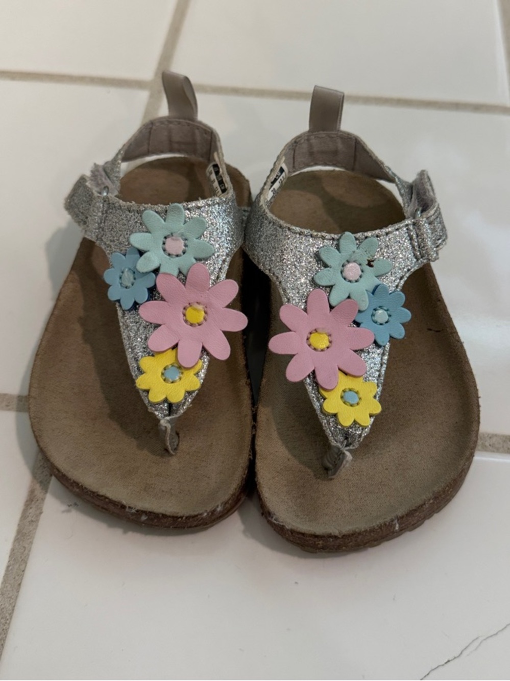 Carter's Silver Glitter T-Strap Sandals with Pink Blue Yellow Flower Accents